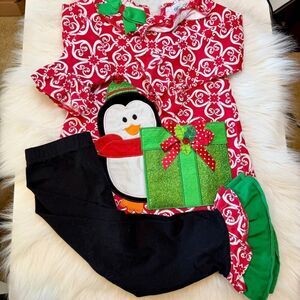 Rare Editions Girls Penguin Present Glitter Top & Flair Pants Set 3T Preowned